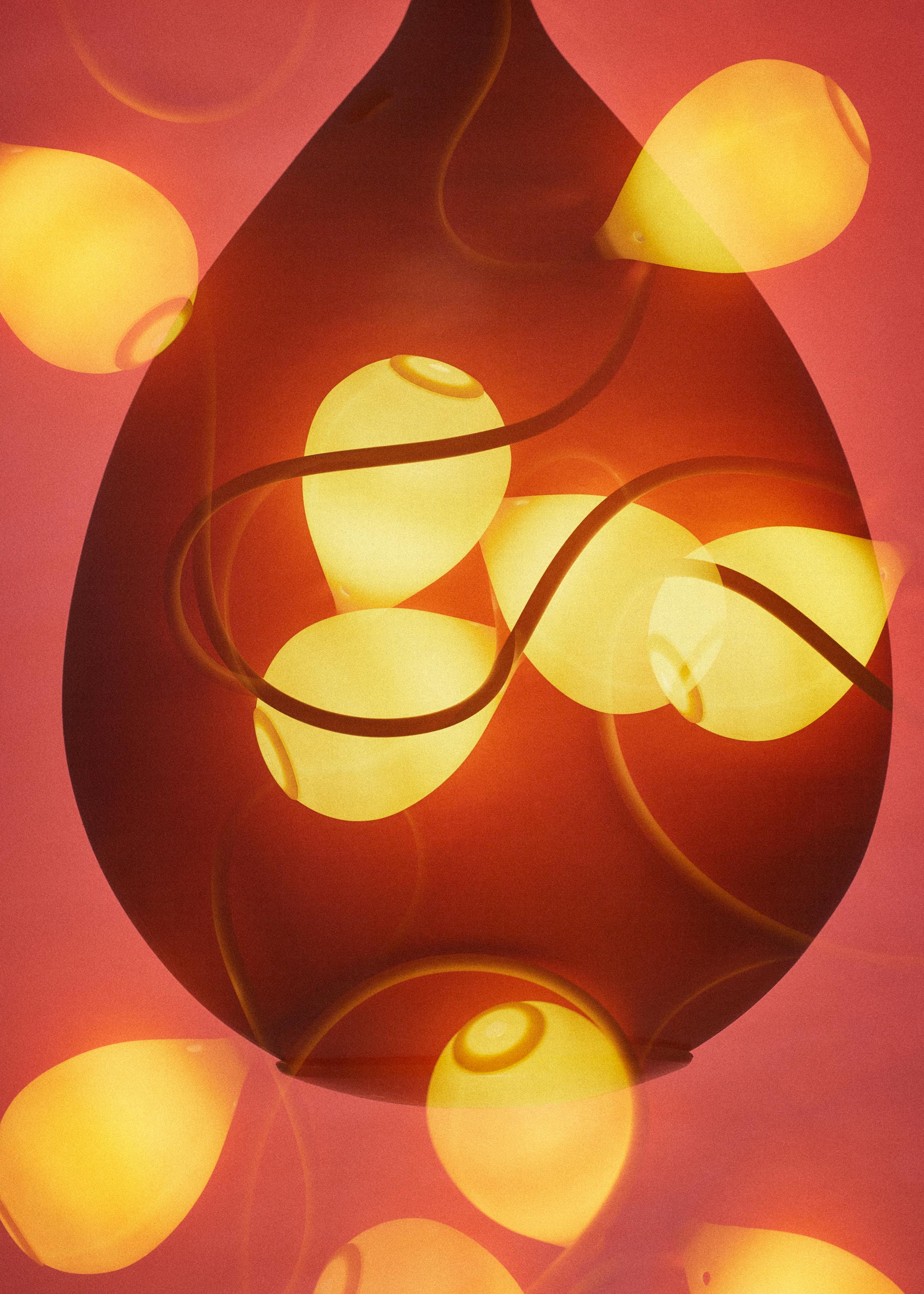 Multiple analoge exposure of the lamp Jingzi by Swiss architects Herzog & DeMeuron in front of a red background