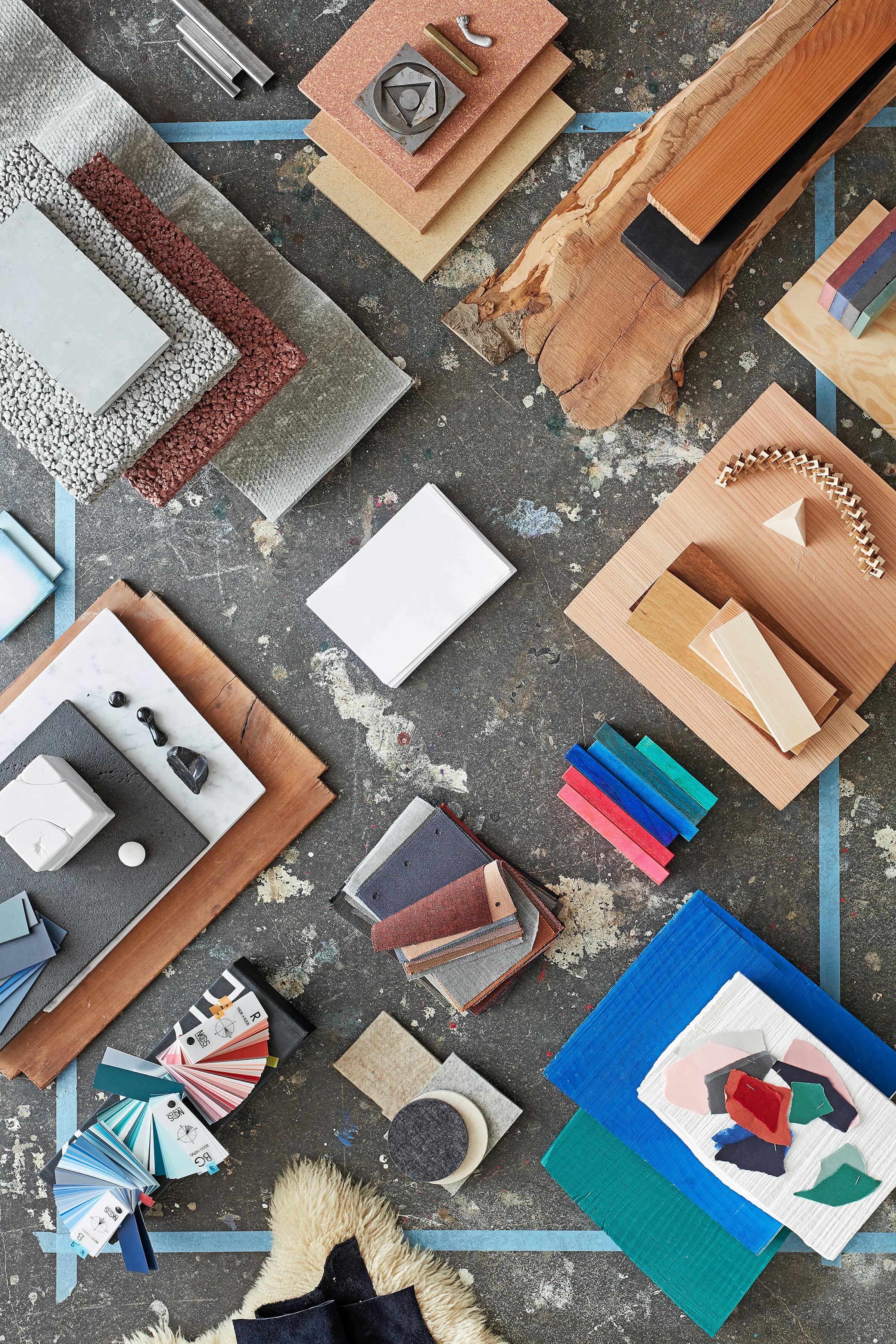 Bird's eye with a moodboard of curated objects by product and scenography designer by Sebastian Marbacher