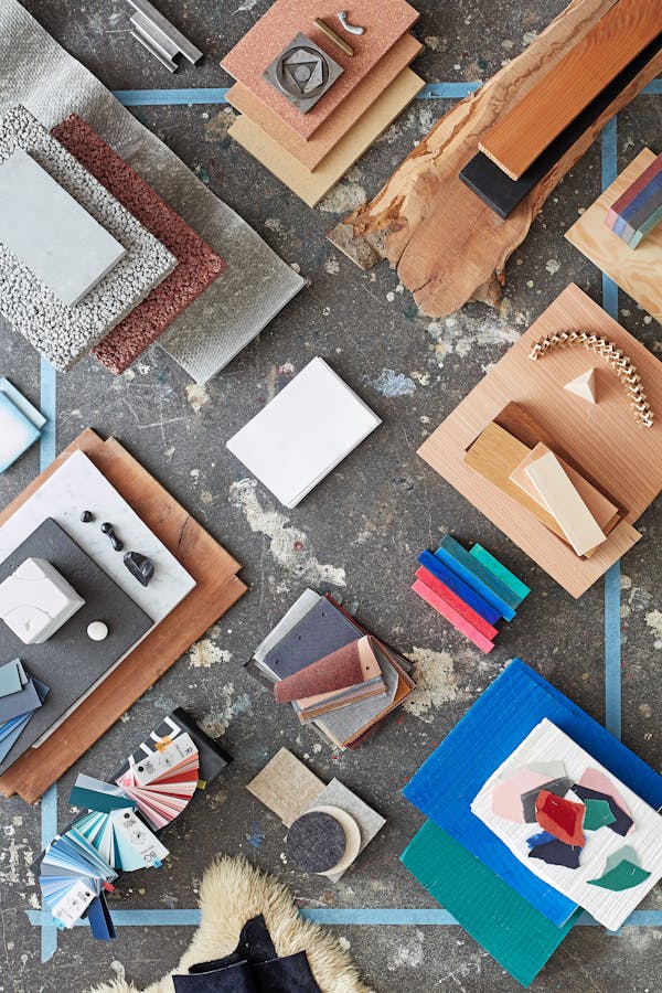 Bird's eye with a moodboard of curated objects by product and scenography designer by Sebastian Marbacher