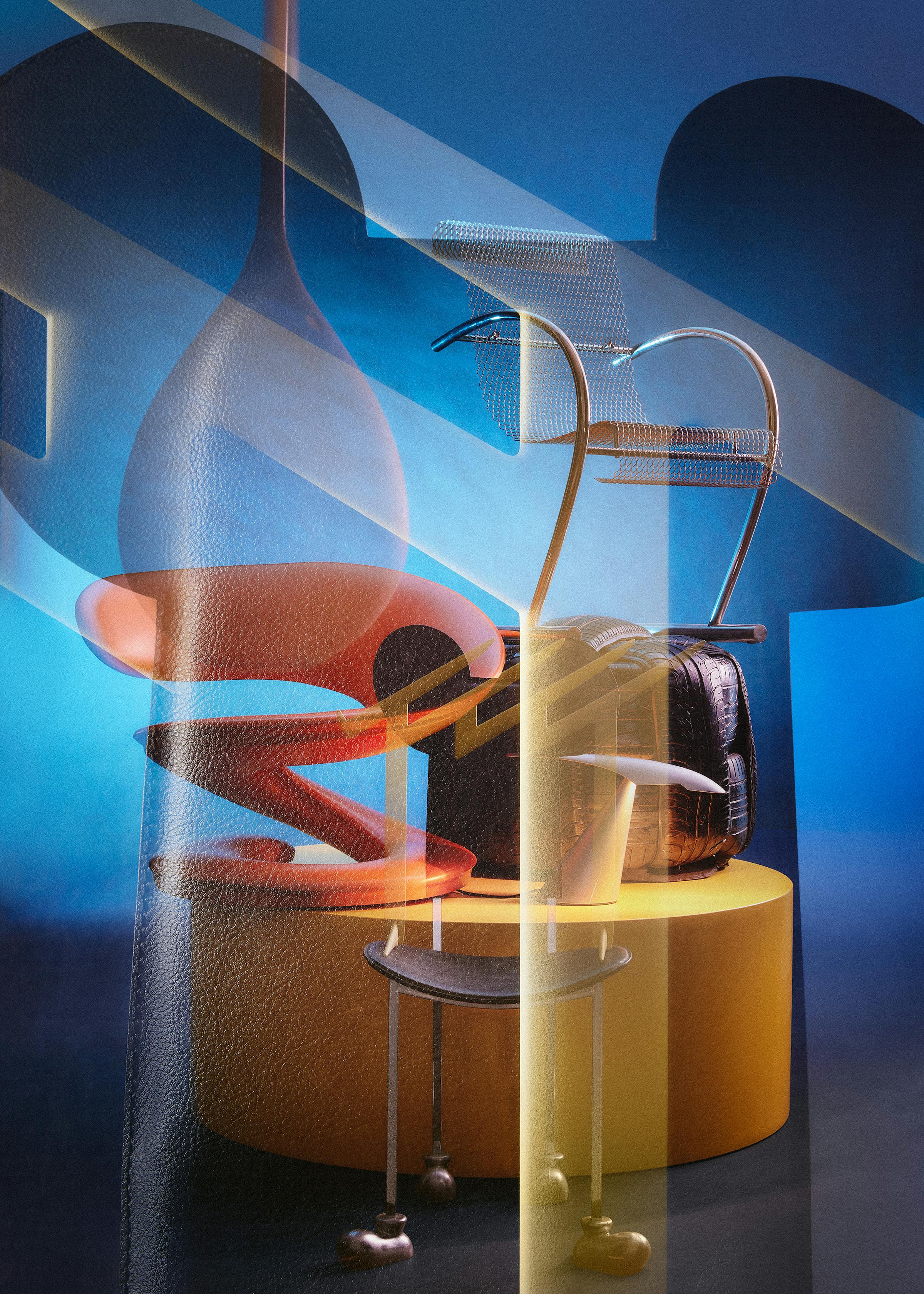 Multiple analoge exposure of a group of rare design objects for the series "Hors Norme" published by the Swiss Interior Magazine Wohnrevue