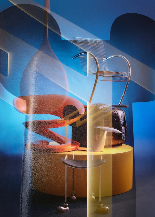 Multiple analoge exposure of a group of rare design objects for the series "Hors Norme" published by the Swiss Interior Magazine Wohnrevue