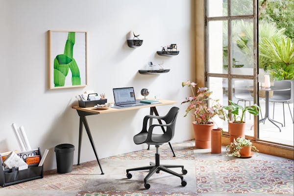 Home office in a building in the south of France with plant pots and a Ronan Bouroullec painting