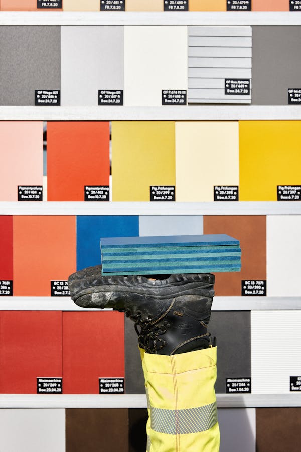 Eternit test panels with a human foot on which other Eternit panels are stacked