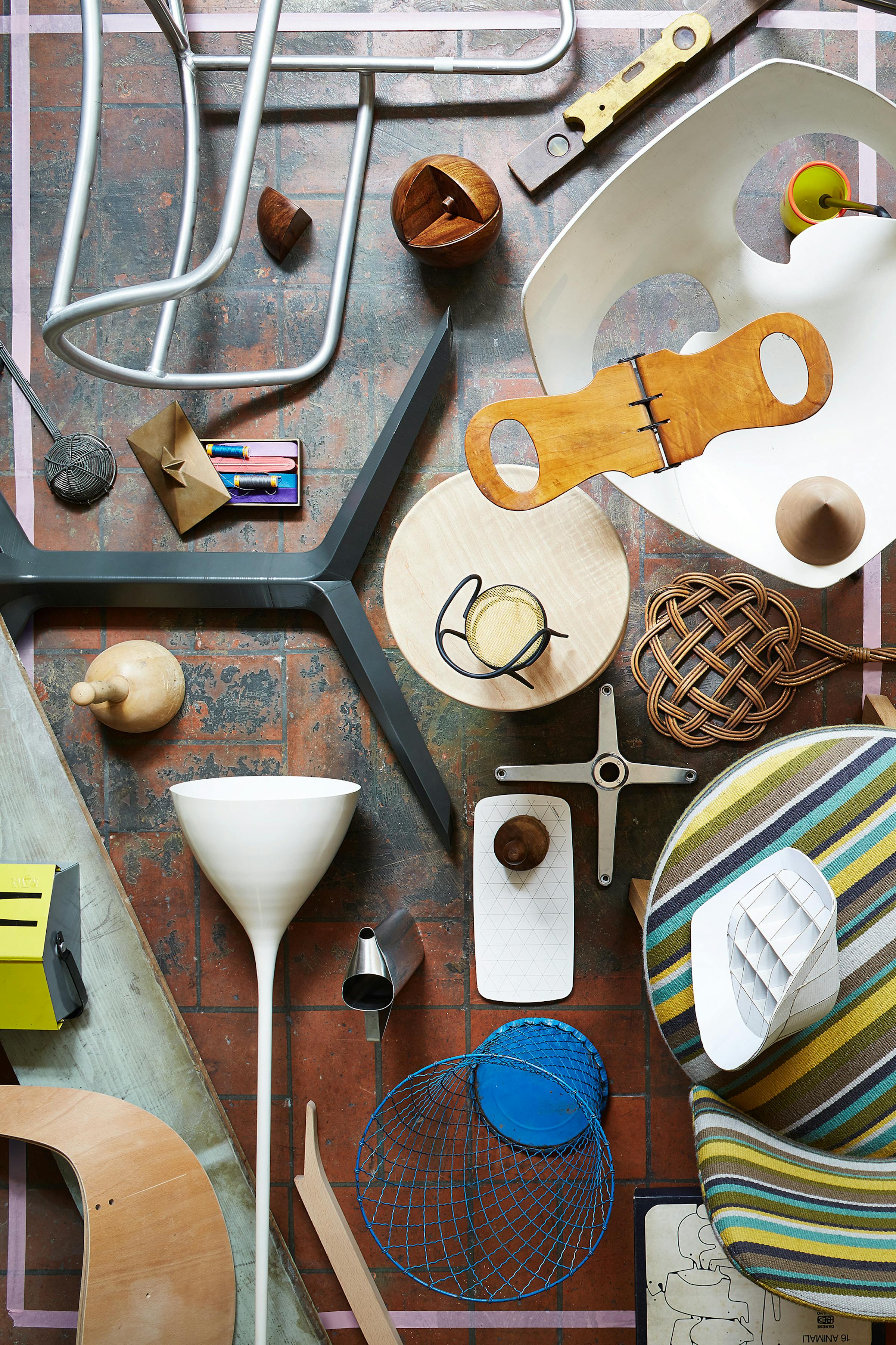 Bird's eye with a moodboard of curated objects by product designer by This Weber