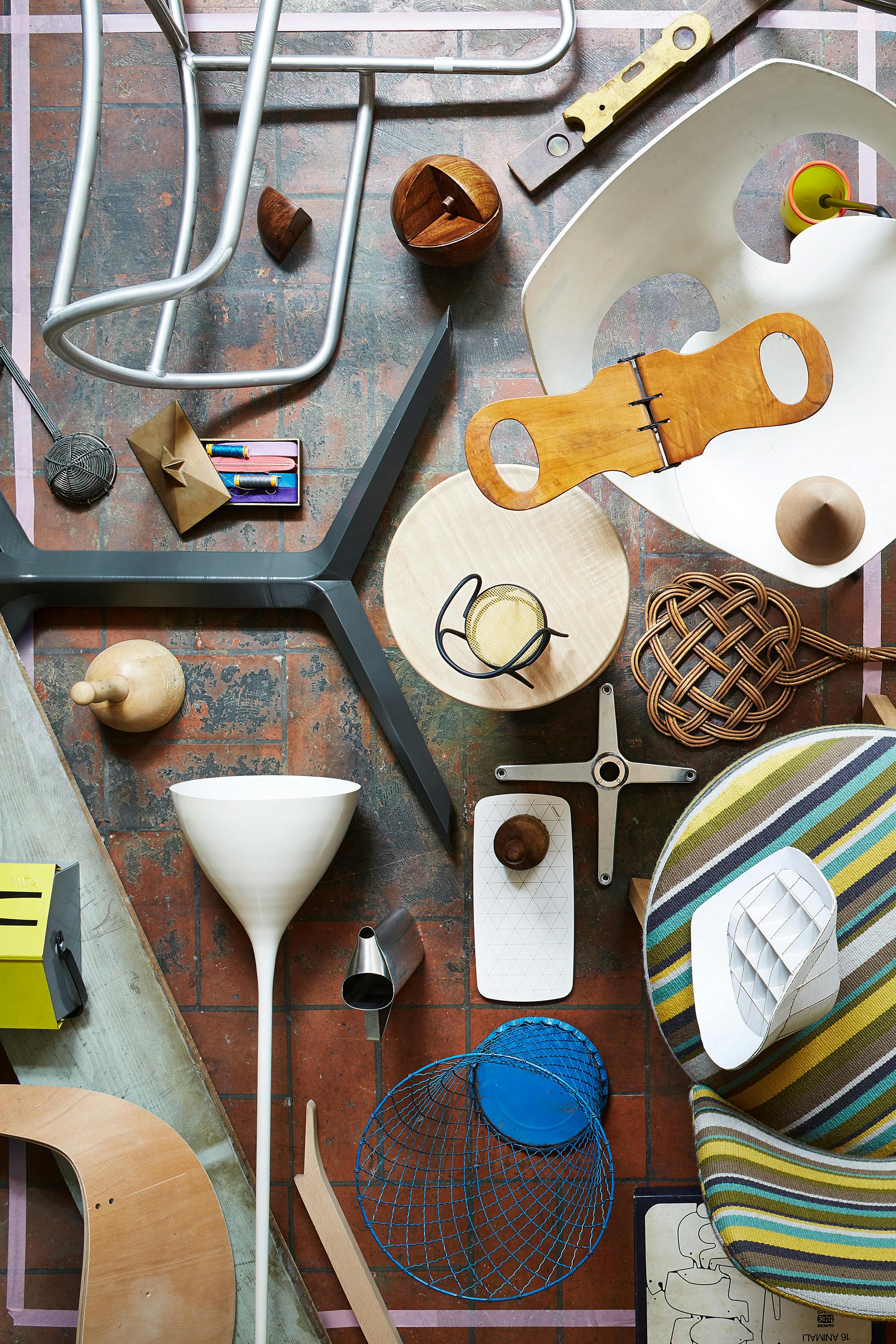 Bird's eye with a moodboard of curated objects by product designer by This Weber