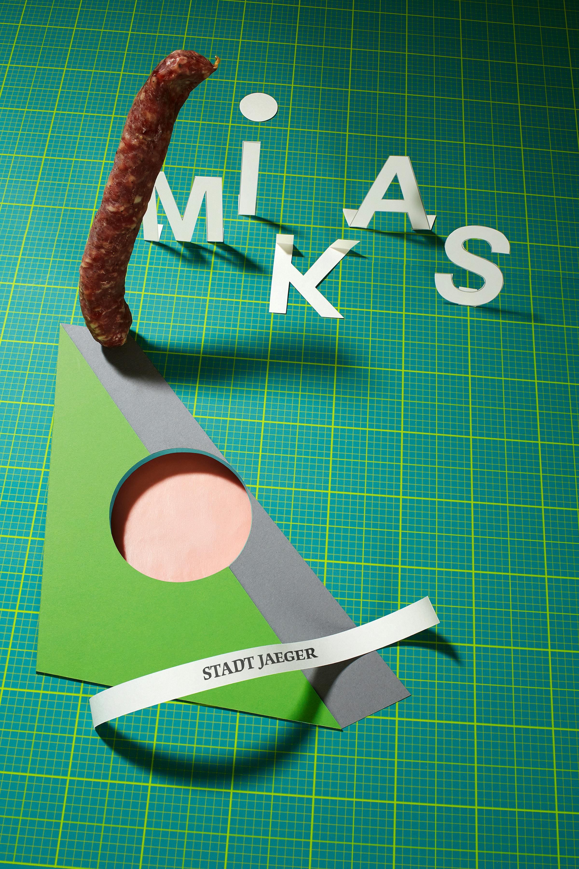 Dry sausage in a graphic setting made of green paper with a millimetre pattern