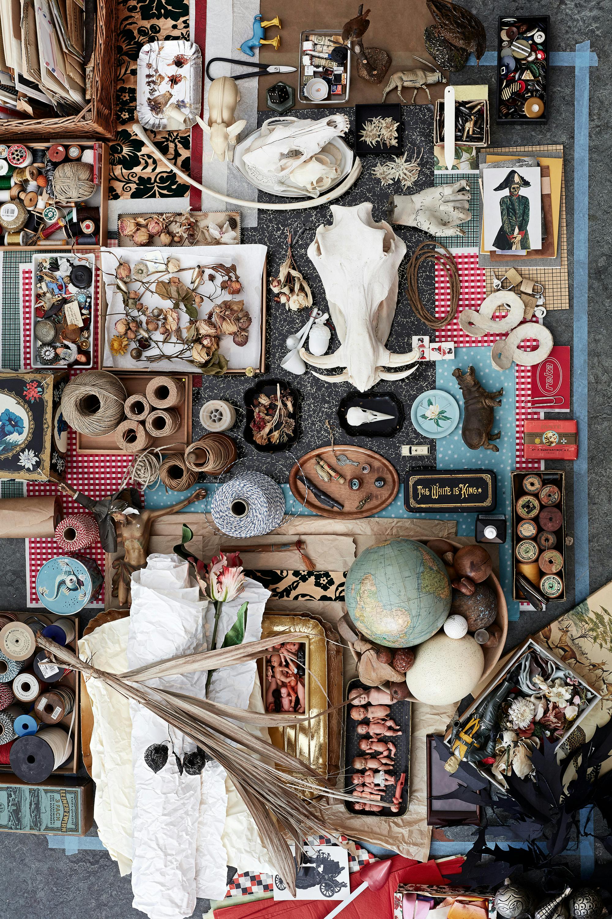 Bird's eye with a moodboard of curated objects by illustrator Daniel Mueller