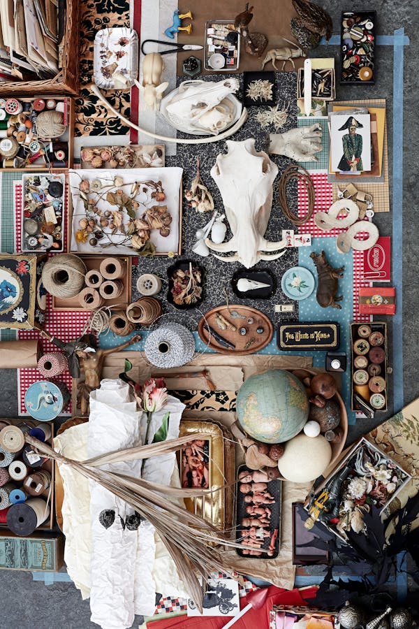 Bird's eye with a moodboard of curated objects by illustrator Daniel Mueller