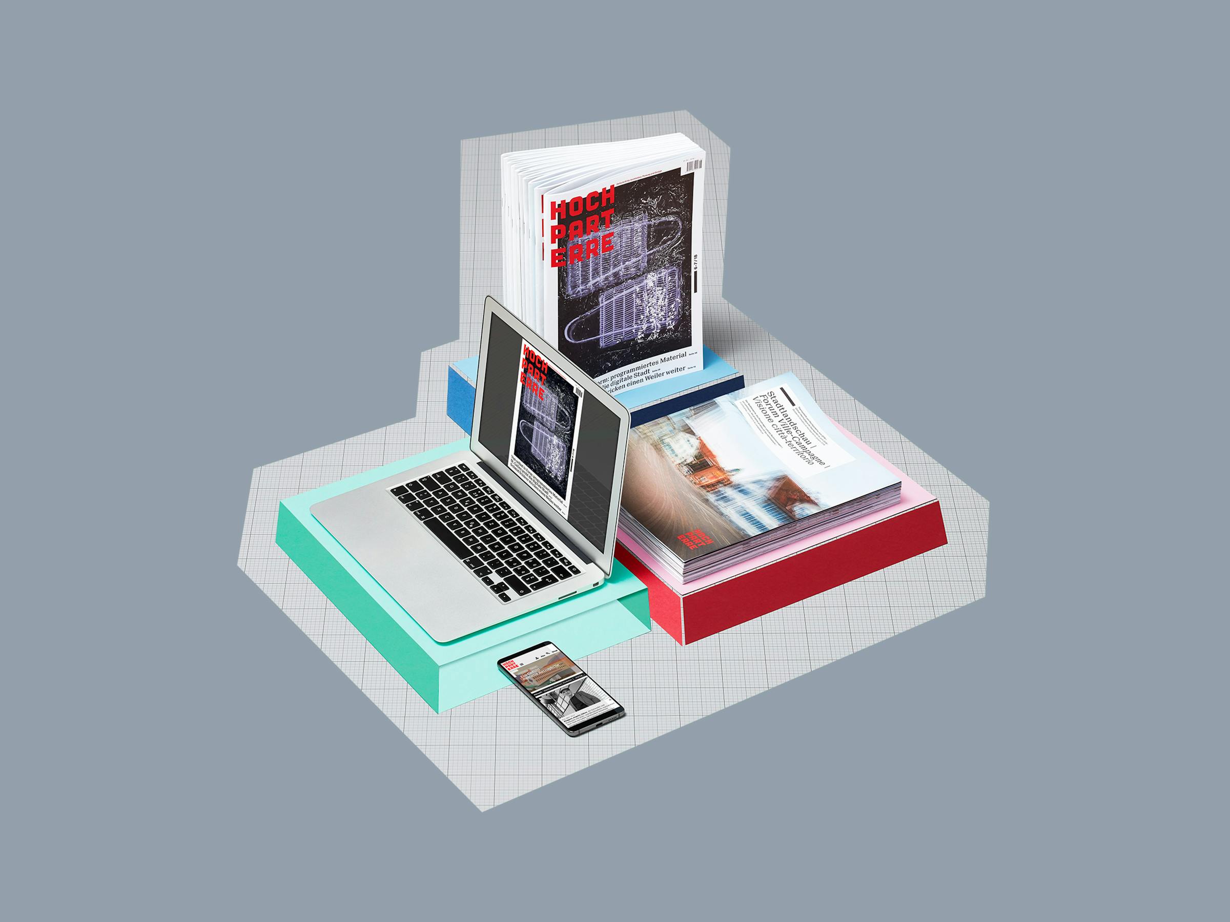 Hochparterre magazine in print and digital versions on a colourful graphic background