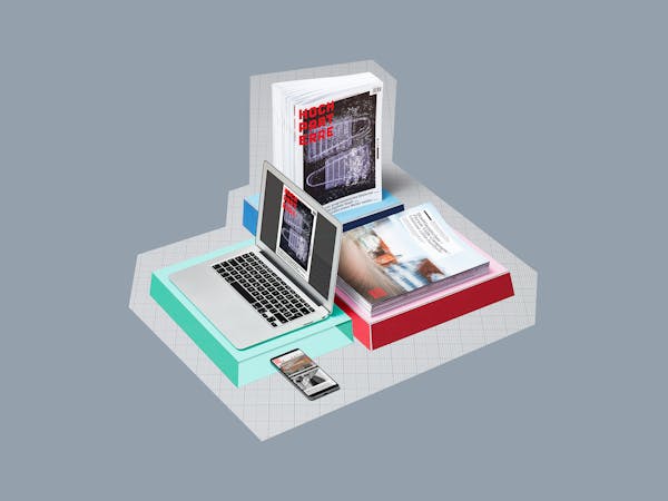 Hochparterre magazine in print and digital versions on a colourful graphic background