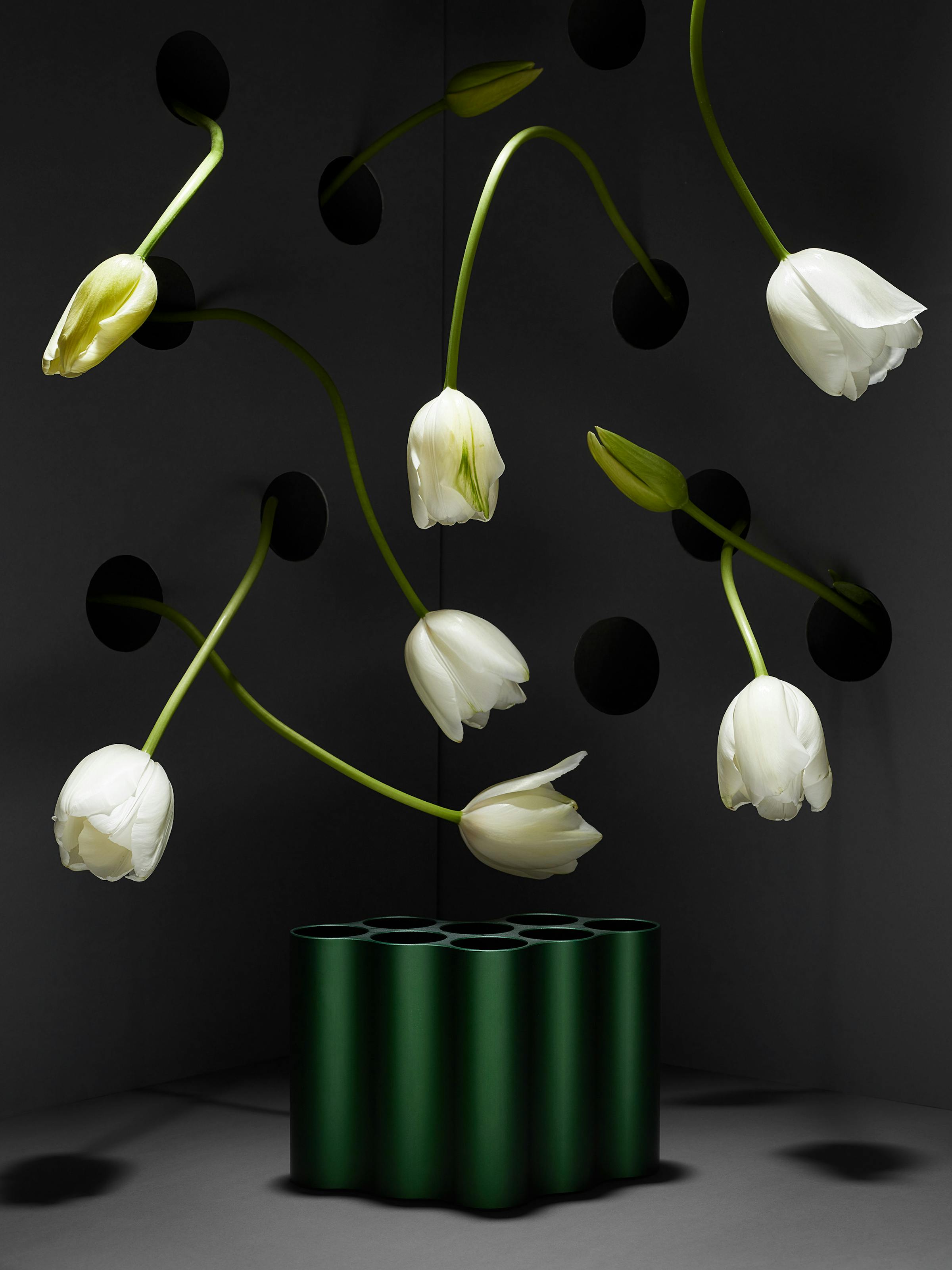 An intense green nuage vase by the Bouroullec brothers with white tulips flowers coming out fo the background
