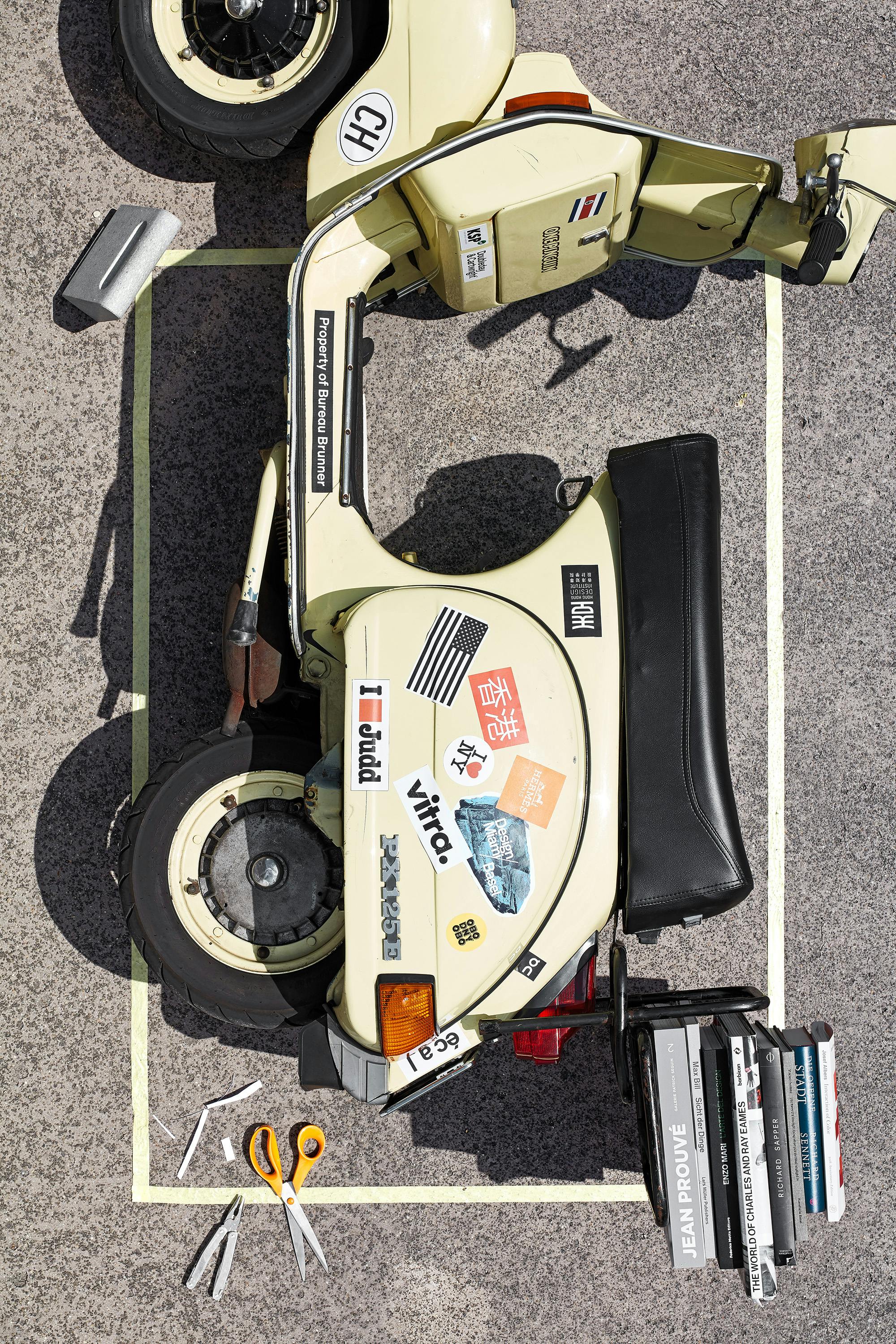 Bird's eye with a moodboard of curated objects by product designer Tobias Brunner