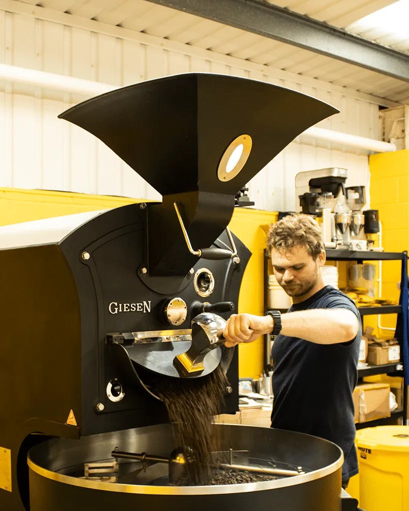 Small batch roaster pouring coffee beans