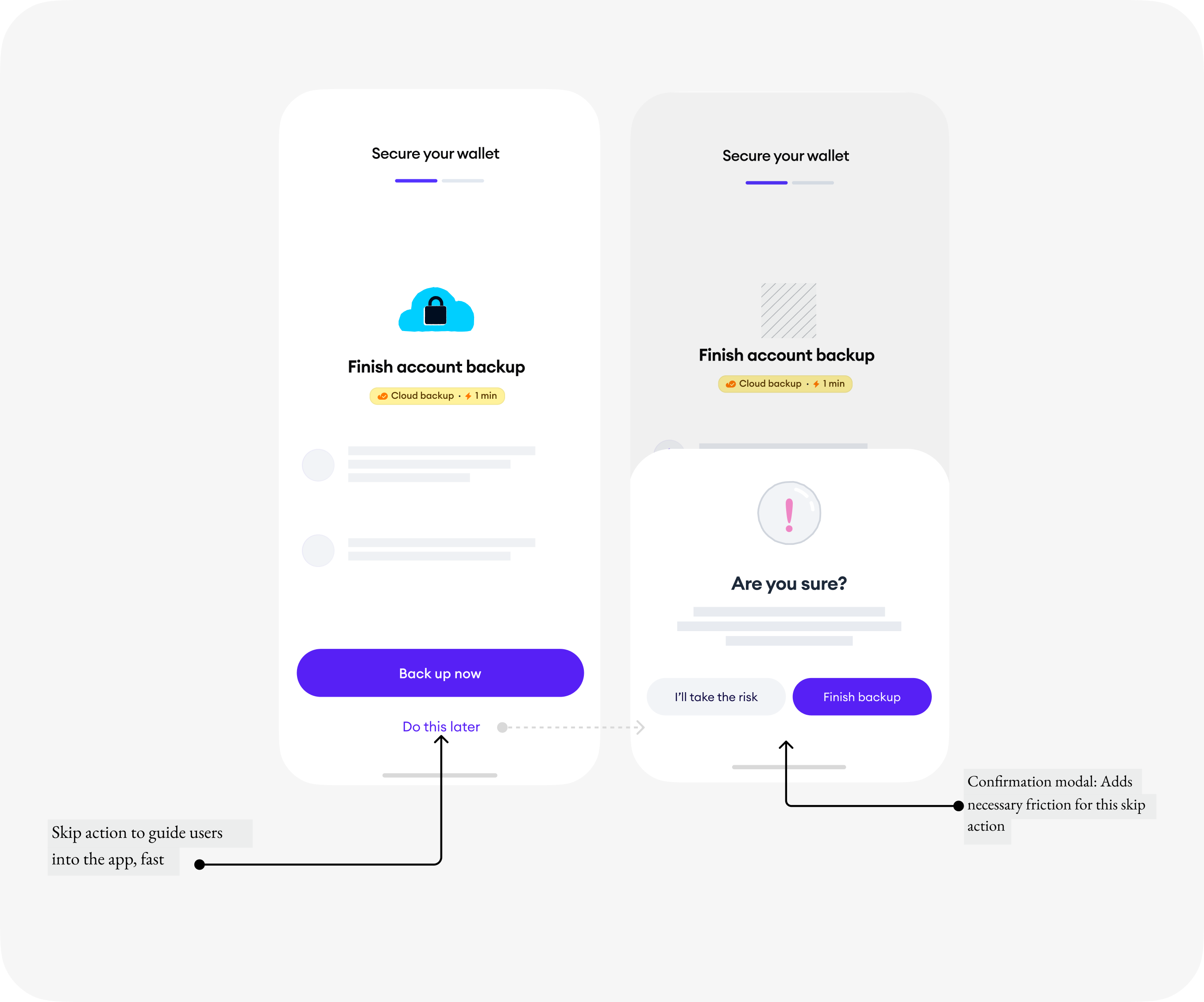 Final iteration of the account backup screen focused on speed and user education 