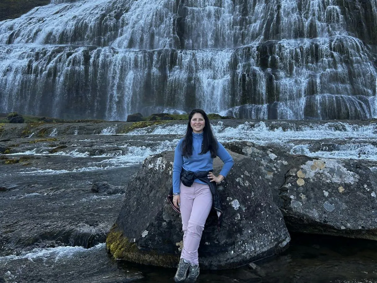 Laura Posada at Dynjandi waterfall in the Westfjords