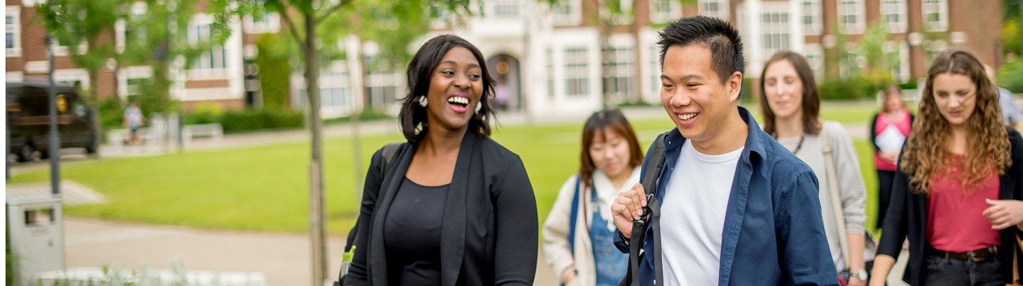 Banner image depicting two laughing people in the foreground, a woman on the left and man on the right, with people talking and laughing walking behind them.