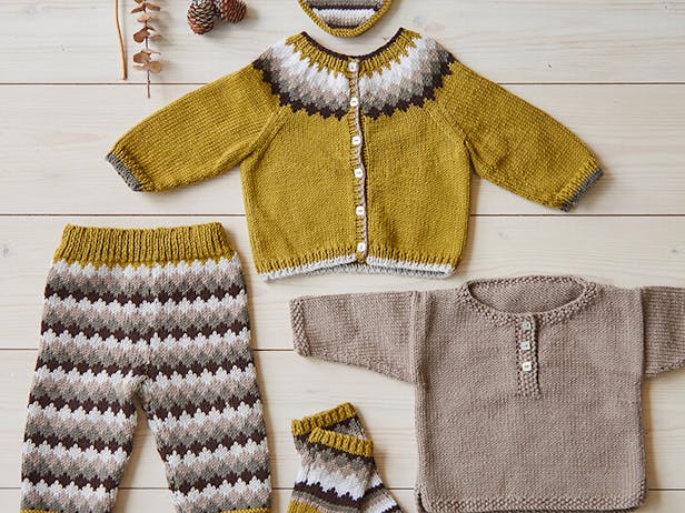 fair isle baby knitting set flatlay