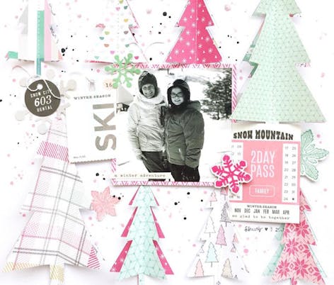 winter scrapbook page with christmas trees