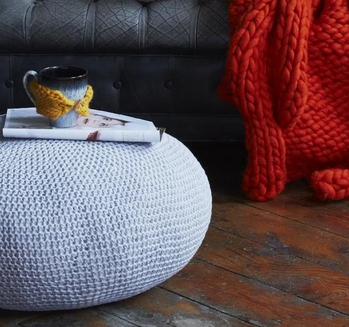Crochet pouf, mug holder and blanket