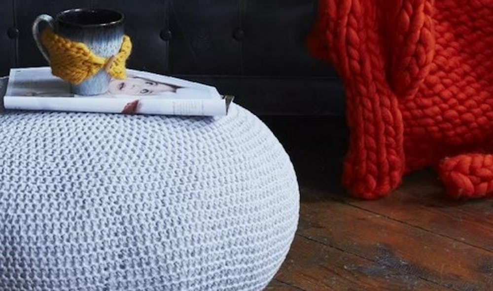 Crocheted pouf, cup holder and blanket