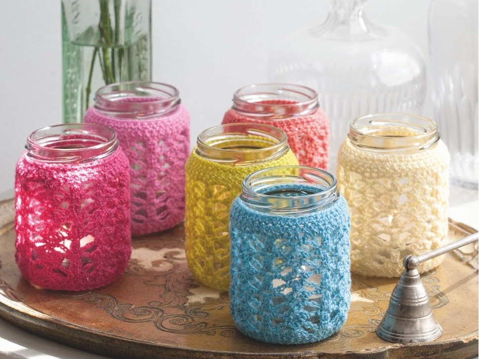 Crochet Stashbusters - Jam jar tealight cozies