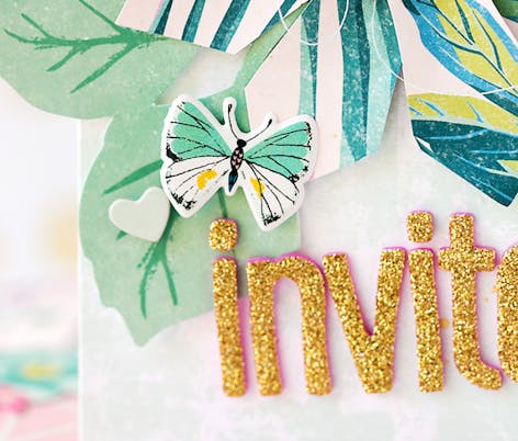 summer floral diy invitation with gold letters and tropical print