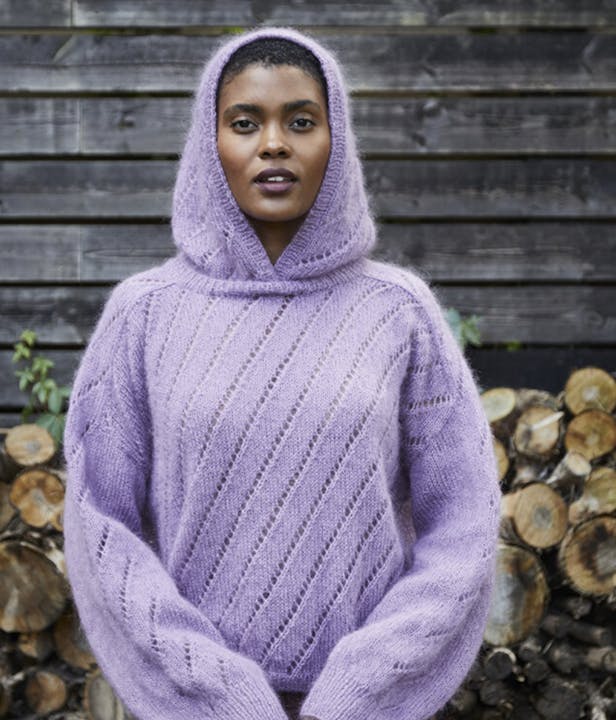 Knit pattern for a knitted purple hoodie 