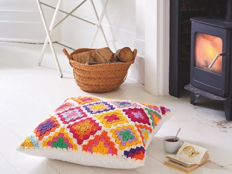 Crochet a colorful Moroccan-inspired floor cushion with our fab FREE pattern