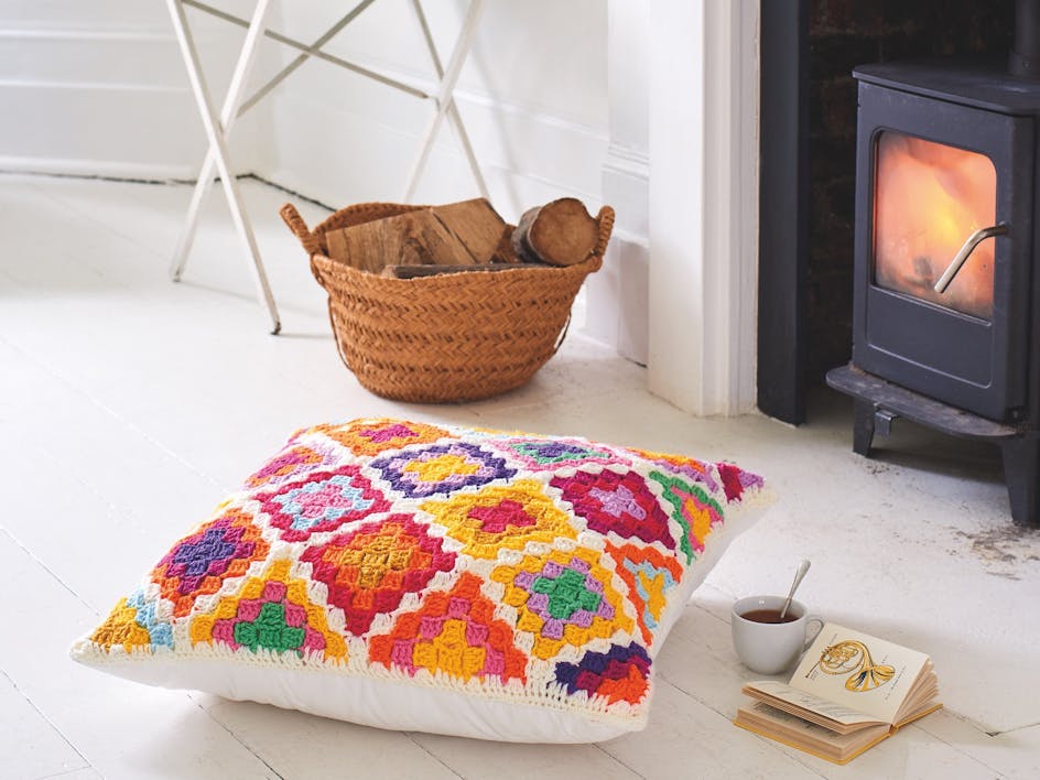 Crochet a colorful Moroccan-inspired floor cushion with our fab FREE pattern