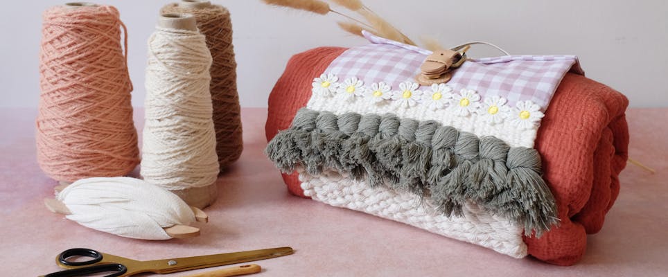 Woven picnic blanket holder, wool cones 
