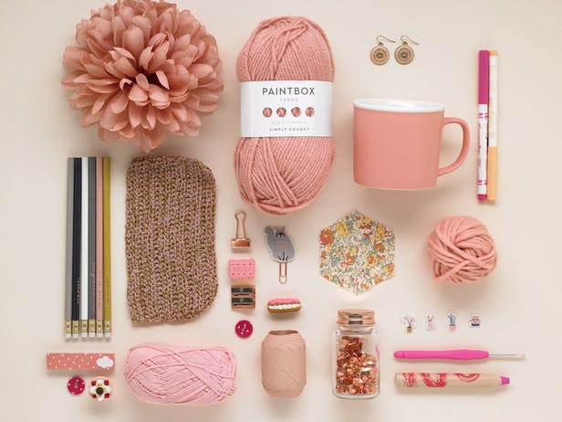 Flatlay of Pink Crochet Tools and Supplies