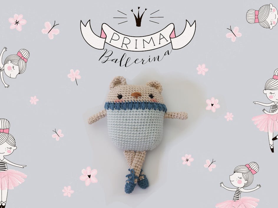 Ballerina Bear amigurumi with grey and pink flower background and other ballerina illustrations