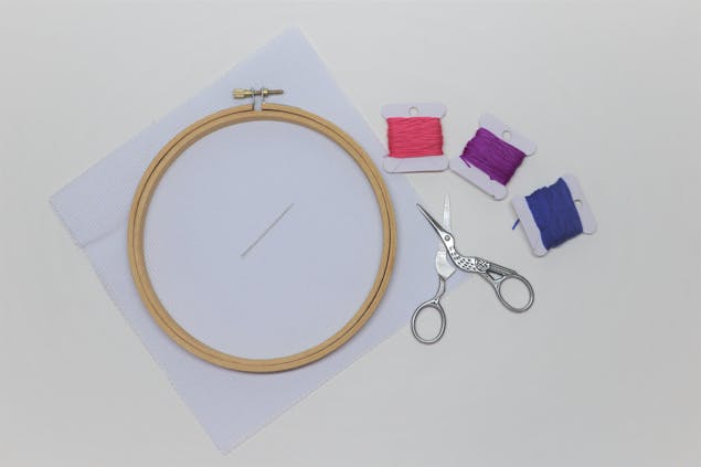 Supplies, including floss, embroidery hoop, aida fabric, and scissors 