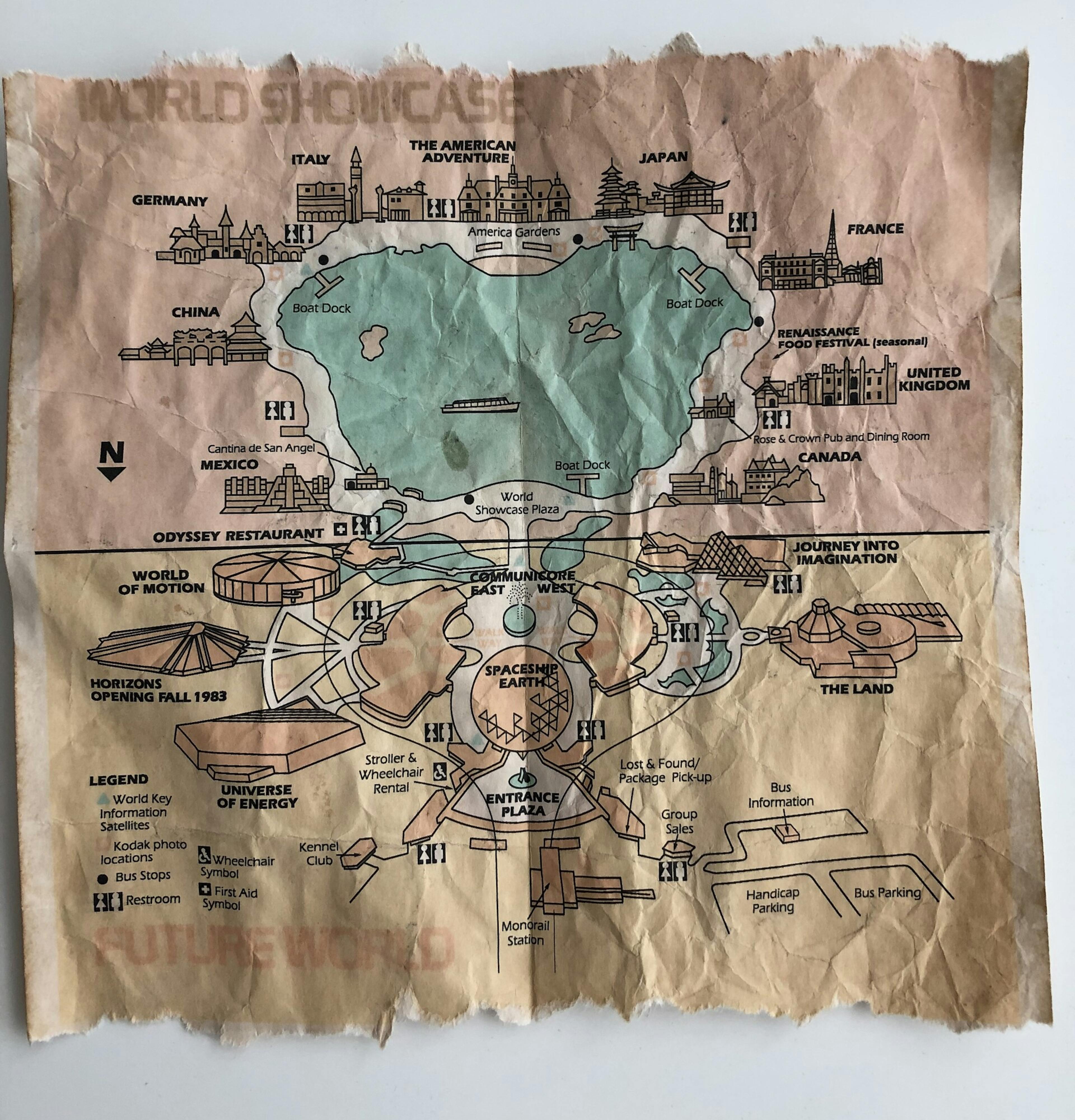 Original 1982 Epcot Map — aged with a coffee bath.