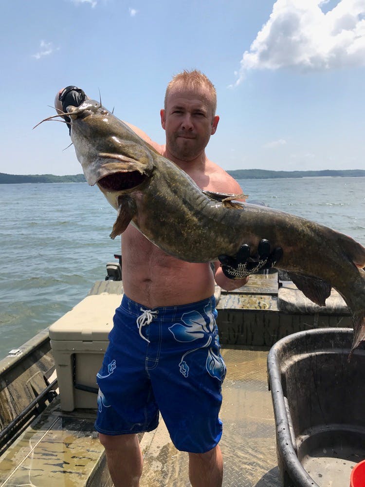Damian Loveless pictured with a large catfish caught on Kentucky Lake while noodling