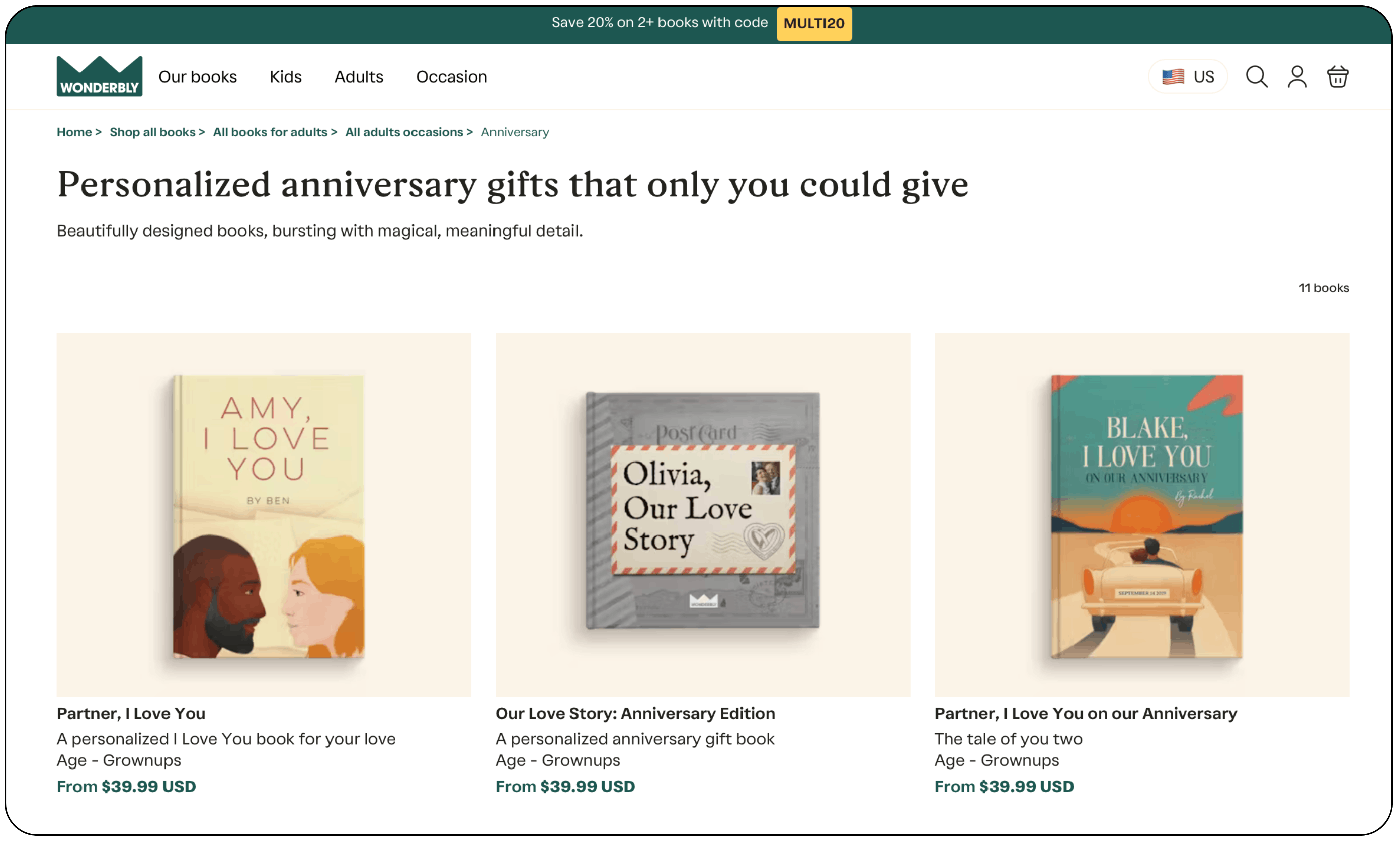 Wonderbly website homepage showing personalized love books and anniversary storybook gifts for couples