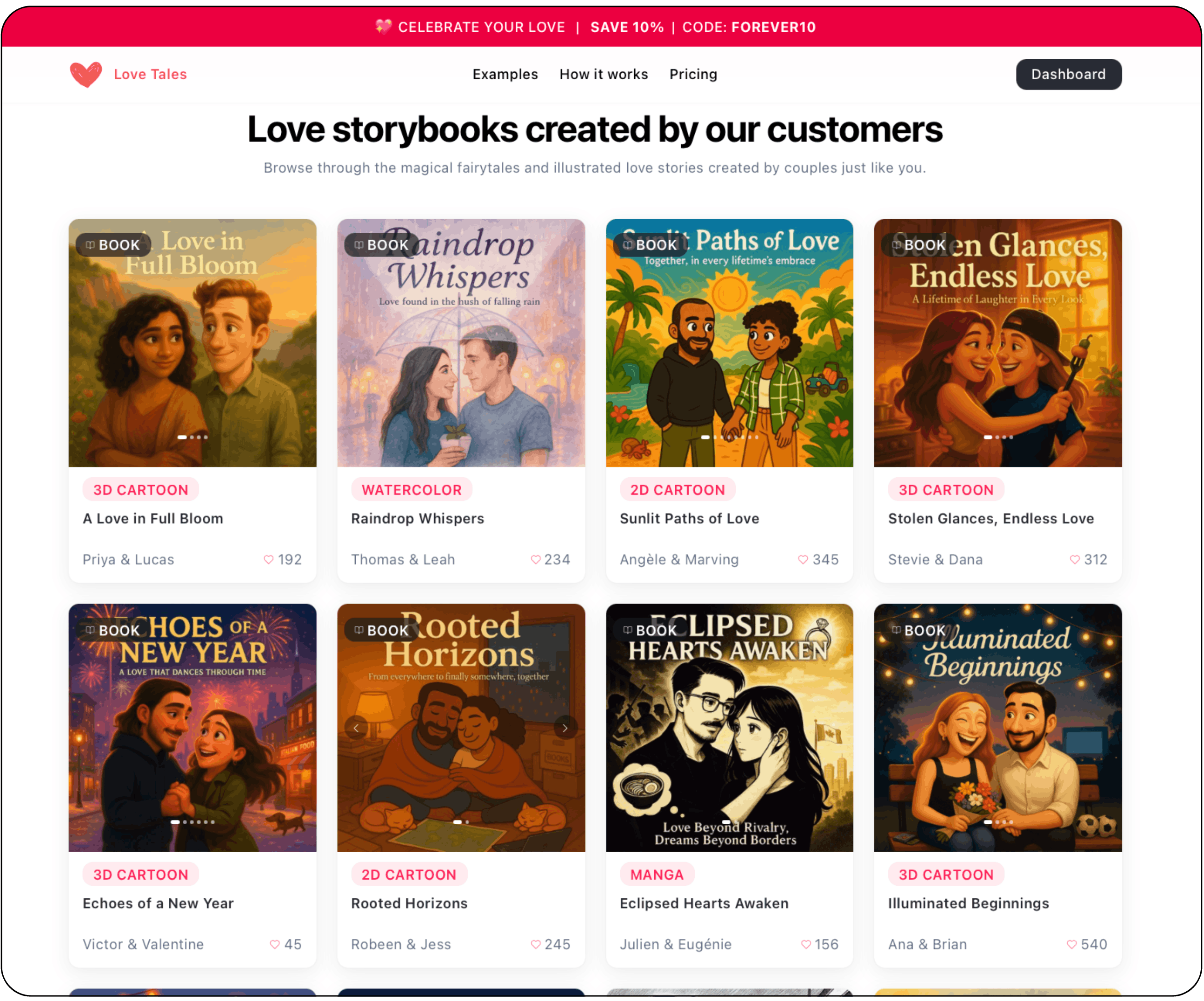 Love Tales website displaying personalized love storybooks created by couples with multiple illustration styles including cartoon, manga and watercolor.