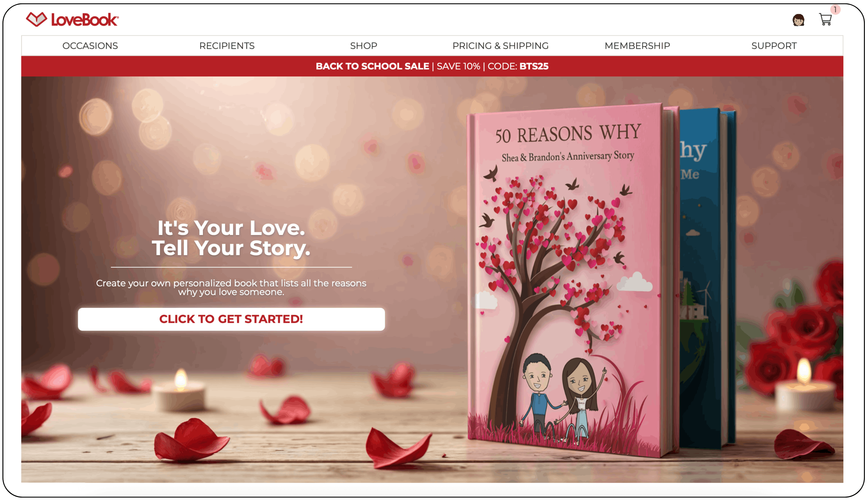 LoveBook Online website with personalized ‘Reasons I Love You’ books featuring cartoon LoveMojis.