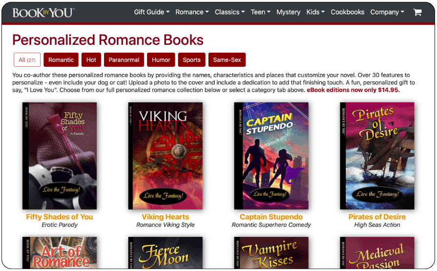 Book By You website showing personalized romance novels where couples can insert names and traits into pre-written story plots