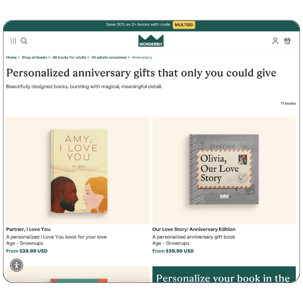 Wonderbly website homepage showing personalized love books and anniversary storybook gifts for couples