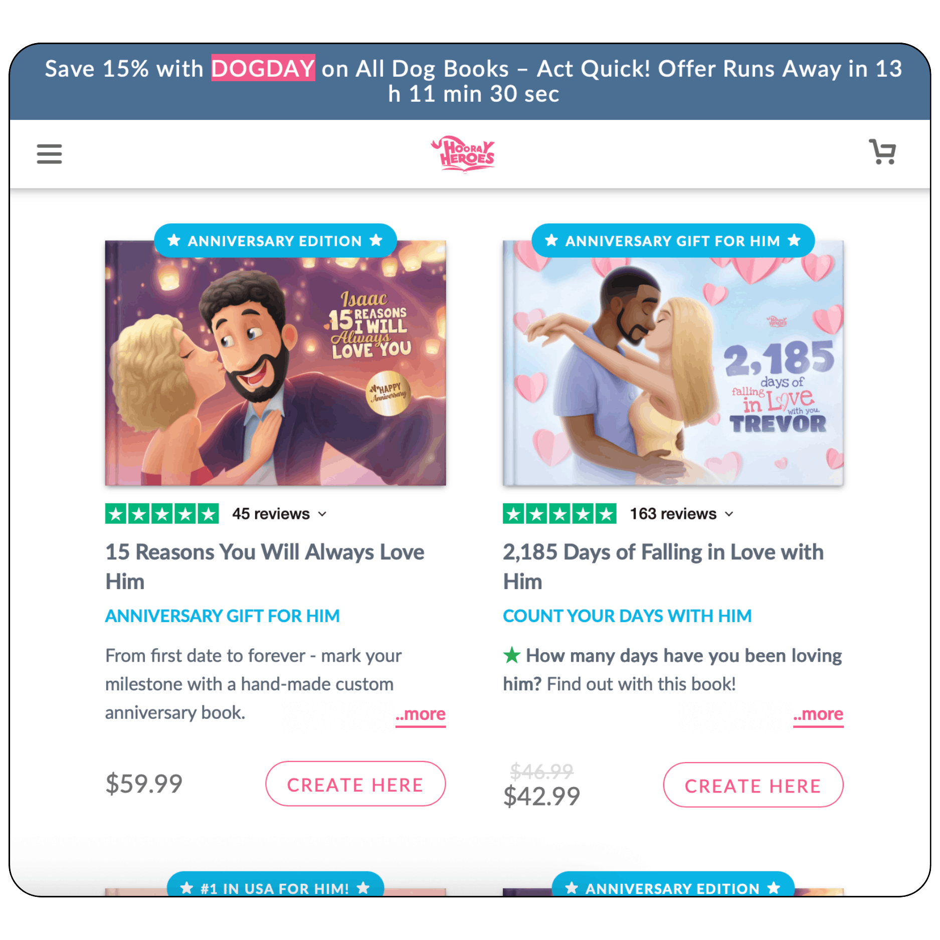 Hooray Heroes website showing personalized love books for couples with cartoon-style avatars and pre-written story templates