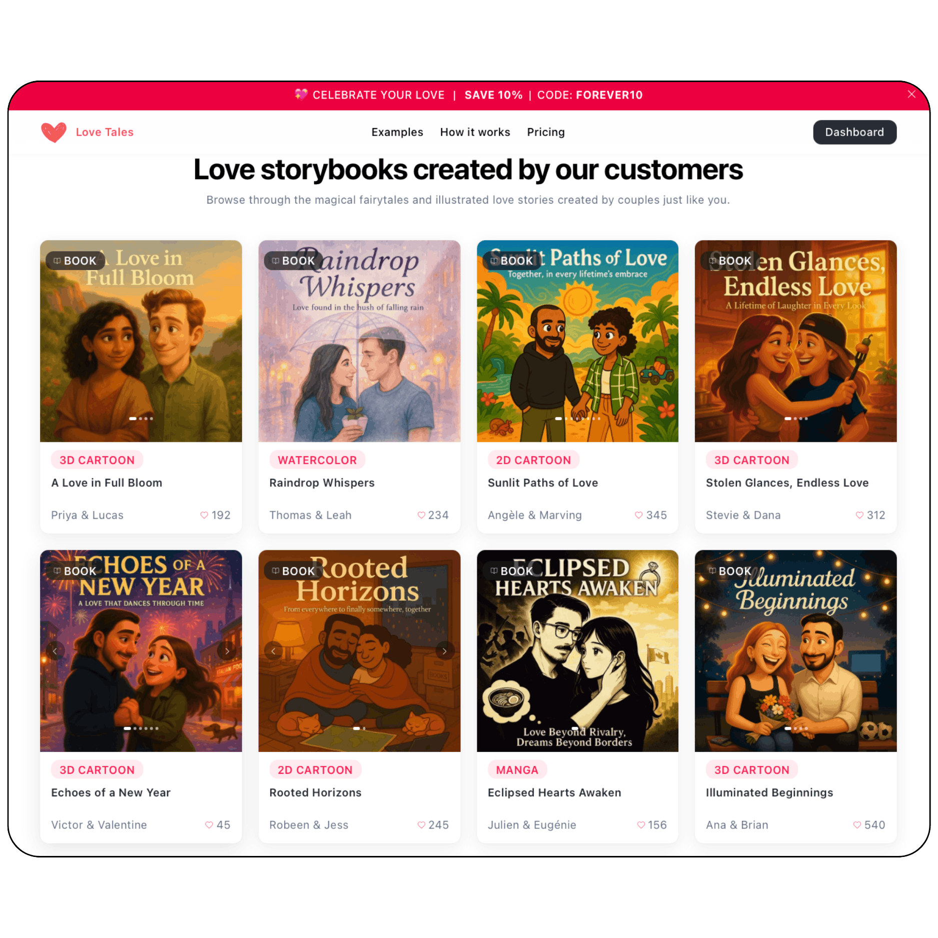 Love Tales website displaying personalized love storybooks created by couples with multiple illustration styles including cartoon, manga and watercolor.