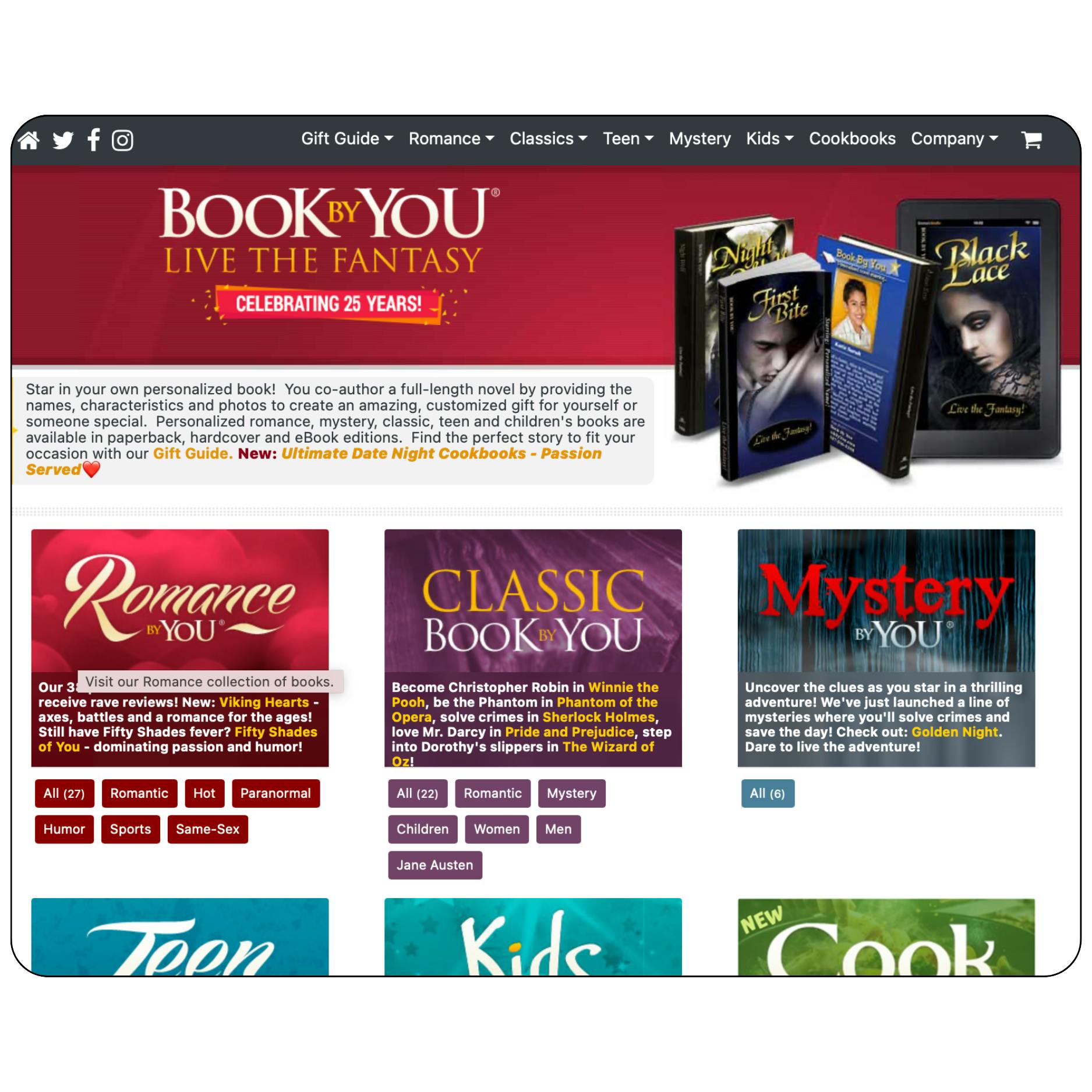 Book By You website showing personalized romance novels where couples can insert names and traits into pre-written story plots