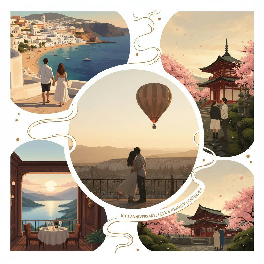 Beautiful travel illustration for anniversary trip ideas for 10th anniversary