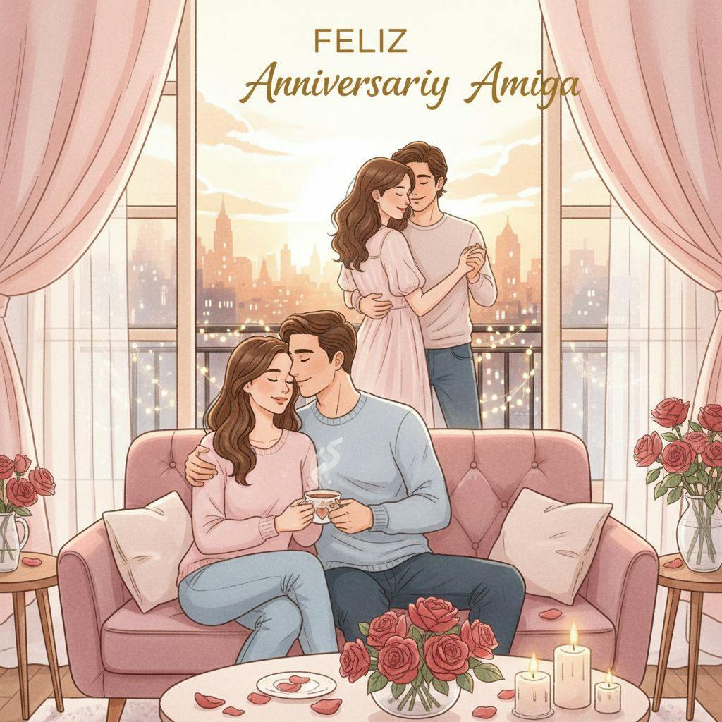 Hermosa ilustracion para feliz aniversario amiga