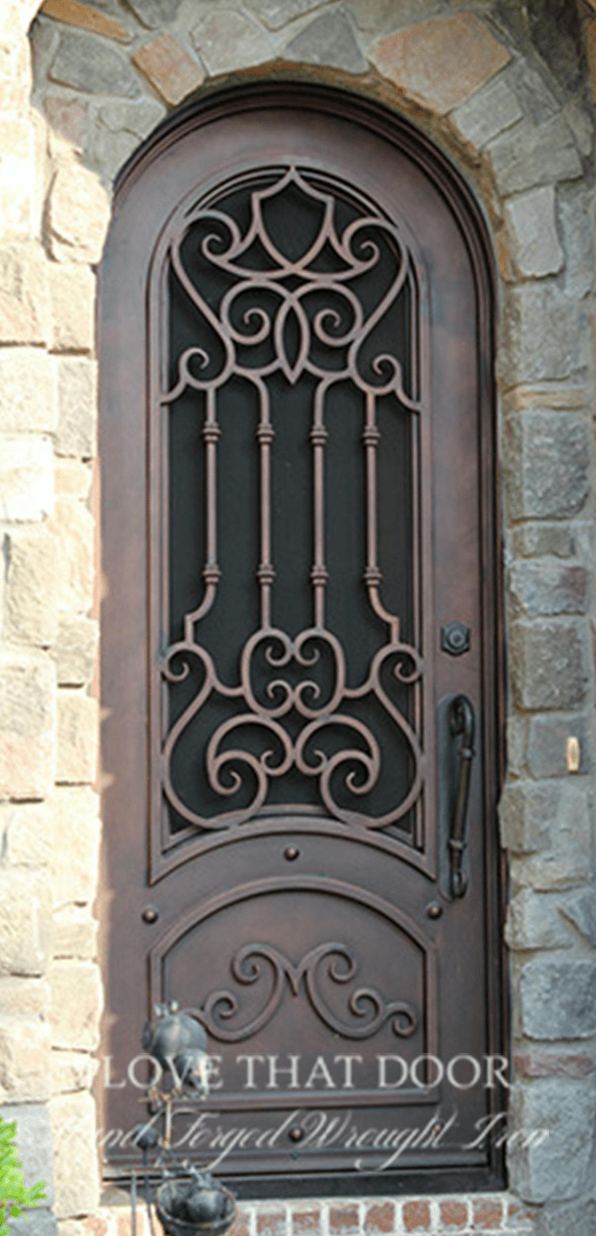 Single iron door with ornate scrollwork and intricate details
