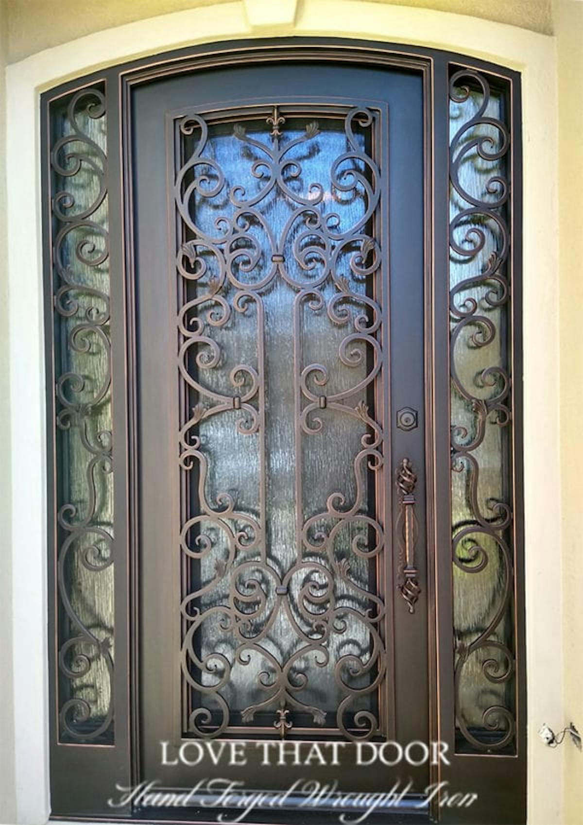 Stylish wrought iron door with intricate design and arch top