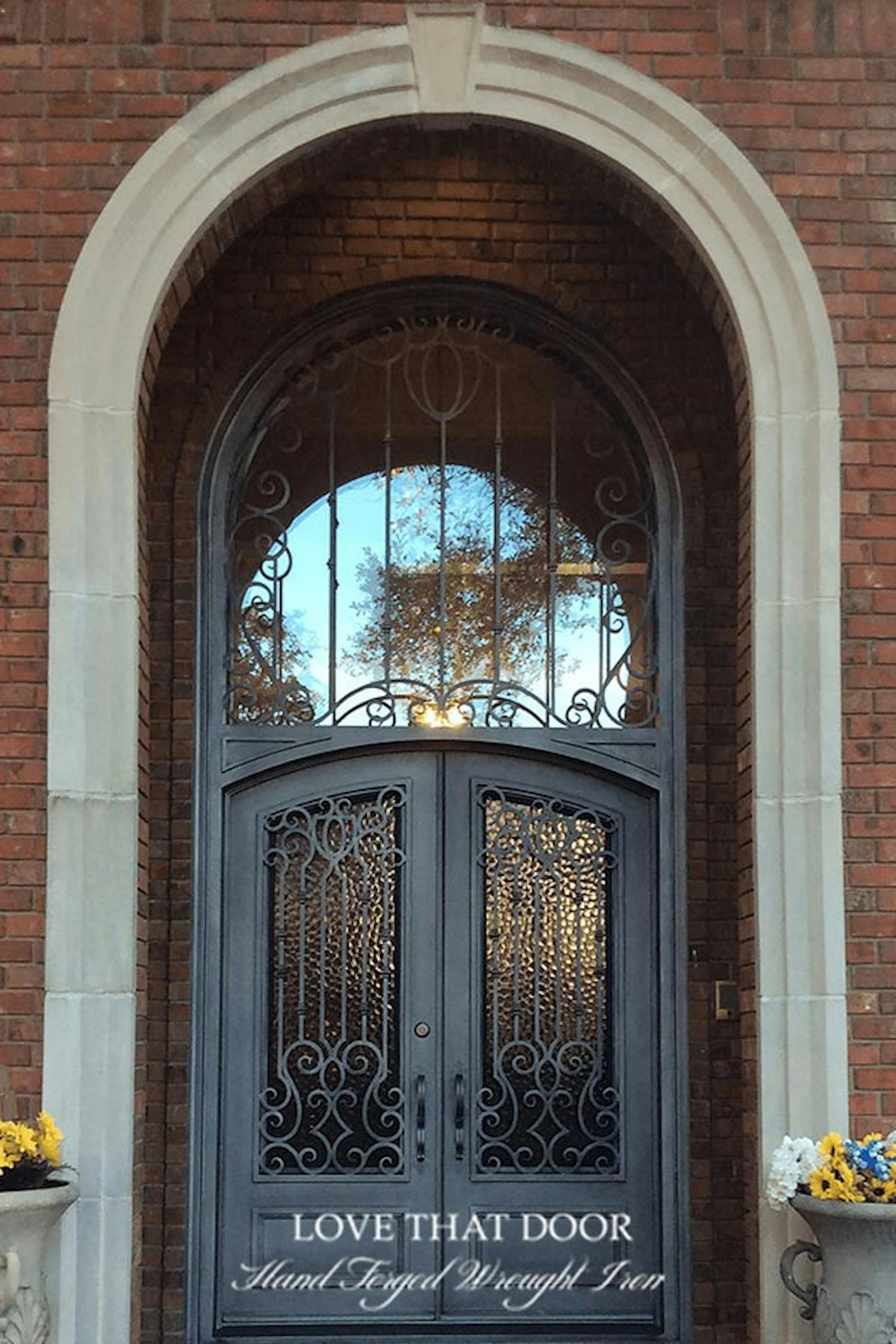 Awe-inspiring iron door and transom featuring a harmonious fusion of curves and geometric shapes.
