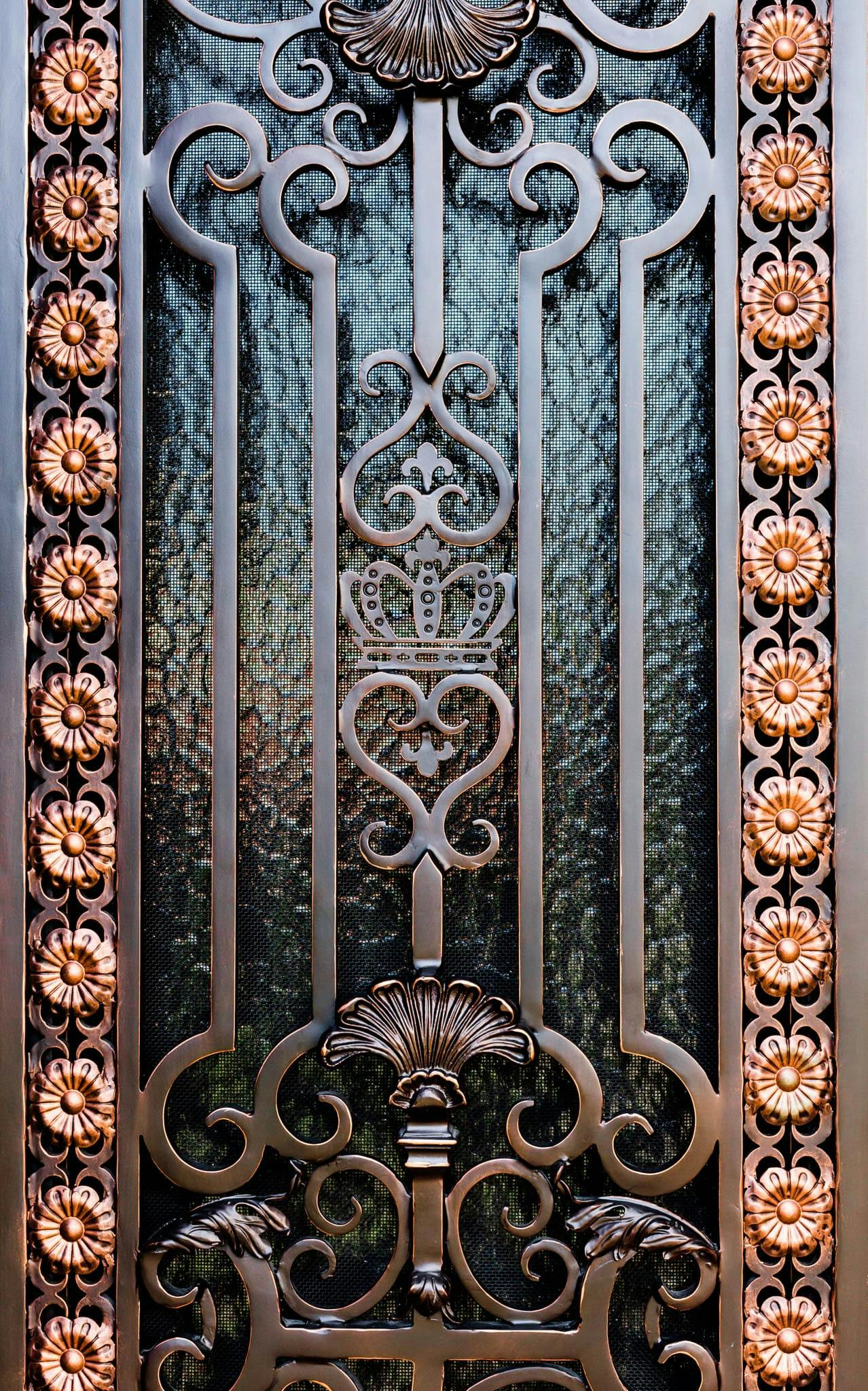 Elegant iron door with arched top and intricate scrollwork