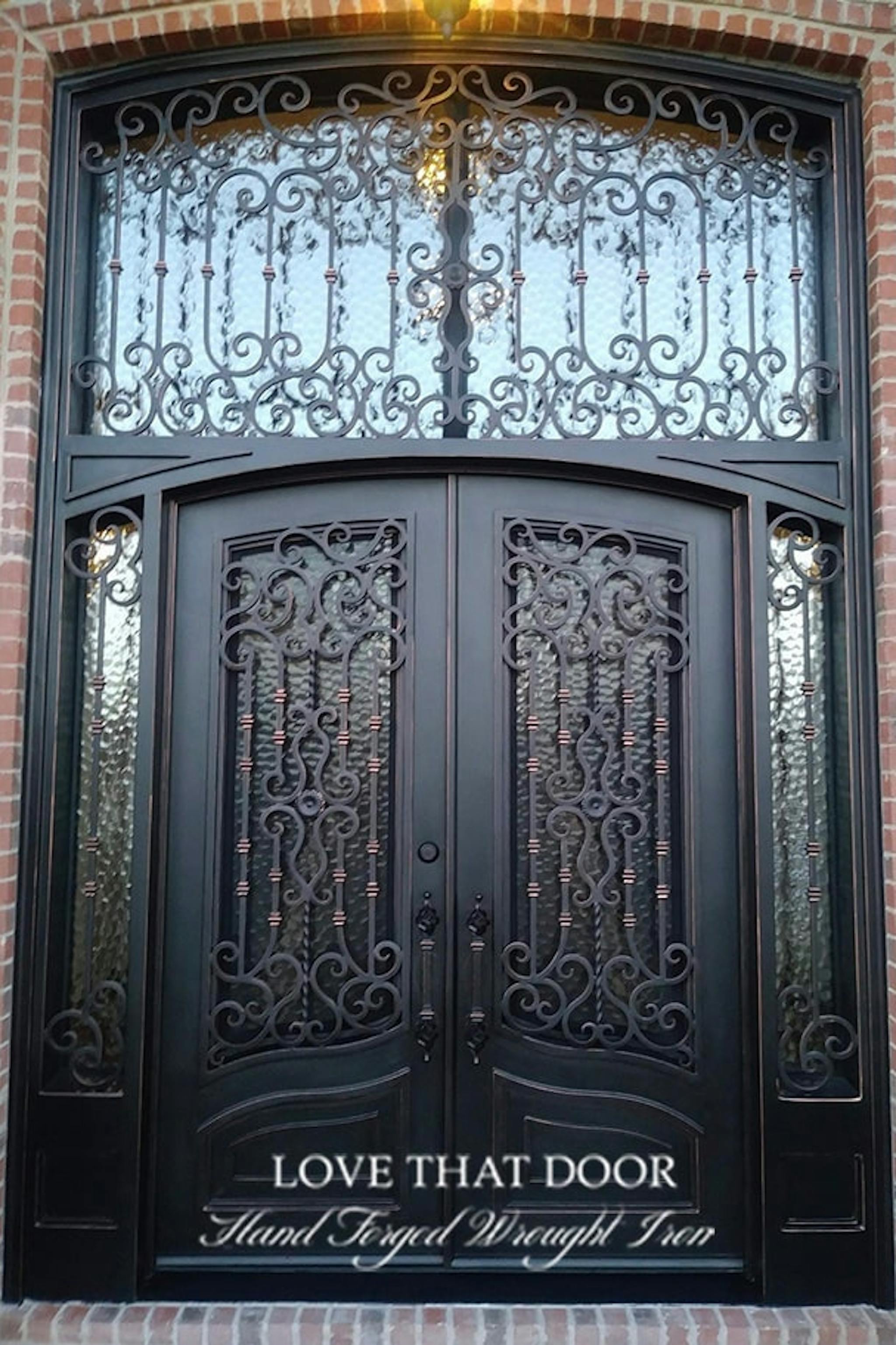 Exquisite iron door and transom arrangement, elevating your home's exterior with timeless style.